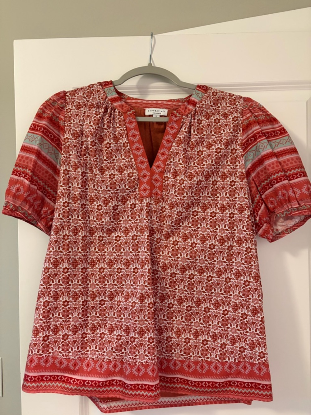 Current Air Red Patterned Split V-Neck Blouse